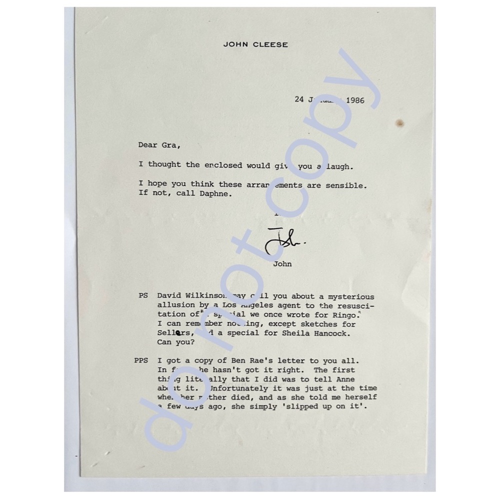 Monty Python Authentic John Cleese to Graham Chapman Signed Letter